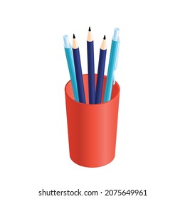 Isometric graduation diploma academic composition with isolated image of bucket with pencils and pens vector illustration