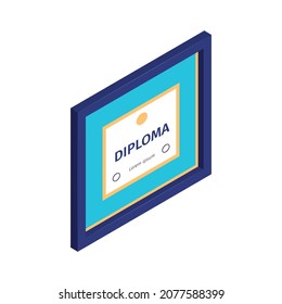 Isometric graduation diploma academic composition with isolated image of diploma certificate in frame vector illustration