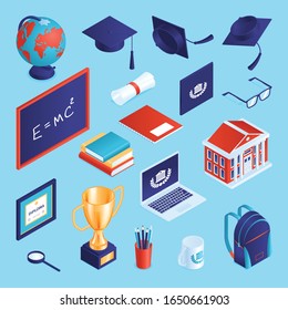 Isometric graduation diploma academic set of isolated items and students hats with books copybooks and computers vector illustration