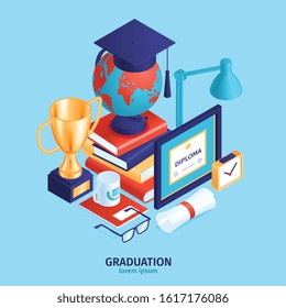 Isometric graduation diploma background composition with editable text and pile of various students belongings and objects vector illustration
