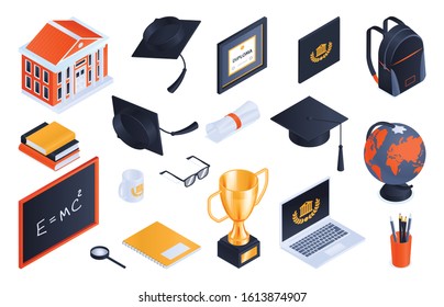 Isometric graduation diploma horizontal set with isolated elements of workspace books trophies and frames with degree vector illustration