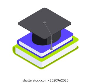 Isometrischer Graduierungshut auf Buchstapel. High School oder College-Abschluss, Abschlussprüfungen, Bildung und Studium 3D-Vektorgrafik. Lehrbuchkonzept auf weißem Hintergrund