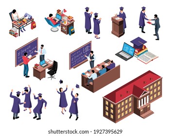 Isometric graduation set with dancing students tossing up academic hats images of workplaces and school building vector illustration