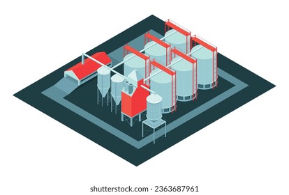 Isometric grain elevator composition with isolated view of stipping auger system with silos on blank background vector illustration