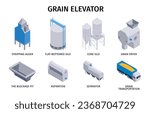Isometric grain elevator set of isolated icons with silos pits separators factory units on blank background vector illustration