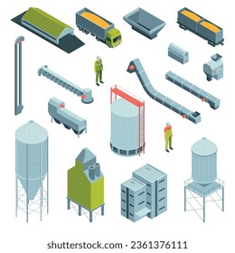 Elevador de grano isométrico con íconos aislados de electrodomésticos de fábrica edificios con camiones y personajes de trabajo ilustración vectorial