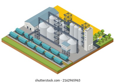 Isometric Grain elevator silos. Freight train being loaded with grain for transport. Transrportation of agricultural products.