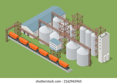 Isometric Grain elevator silos. Freight train being loaded with grain for transport. Transrportation of agricultural products.