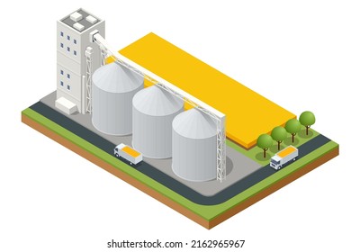 Isometric Grain elevator silos. Transrportation of agricultural products. Corn dryer silos, inland grain terminal. Grain elevators standing in a field
