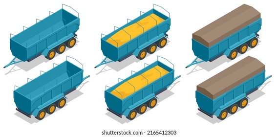 Isometric Grain Hopper Trailer. Semi tractor and used to haul bulk commodity products, such as grain.