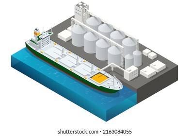 Isometric Grain terminal at seaport. Loading grain crops on bulk ship from large elevators. Transrportation of agricultural products. Dry cargo ships. Export wheat trade.