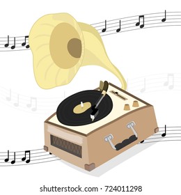 Isometric gramophone on a white background with melody.Cute and funny old gramophone.gramophone cartoon cute.vintage portable turntable.An antique box record player. Flat vector stock illustration
