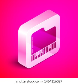 Isometric Grand piano icon isolated on pink background. Musical instrument. Silver square button. Vector Illustration