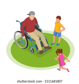 Isometric grandfather goes with grandchildren down the street. Happy family and childhood concept.