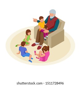 Isometric grandfather tells grandchildren tales in the nursery. Happy family and childhood concept.