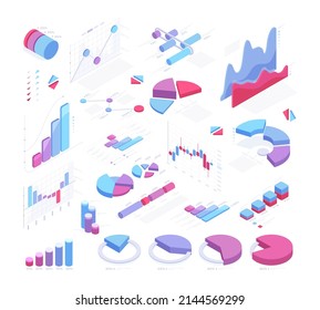 Isometric graph chart, 3d statistic diagram, data analysis symbols. Futuristic diagram charts, graph infographic vector symbols illustrations set. Statistic chart elements