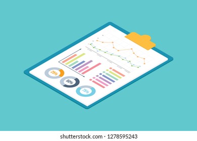 isometric graph chart on the clipboard with 3d style on the business paper - vector illustration