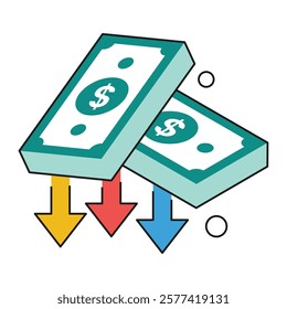Isometric graph with downward arrow and coins, ideal for budgeting tools, expense management platforms, and financial efficiency themes.