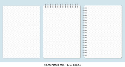 Isometric graph paper set, template of spiral notebook and notepad sheets. Vector Illustration.