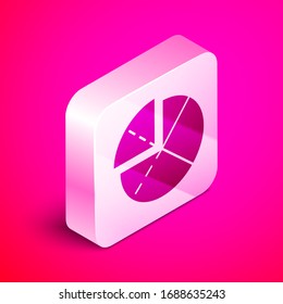 Isometric Graph, schedule, chart, diagram, infographic, pie graph icon isolated on pink background. Silver square button. Vector Illustration