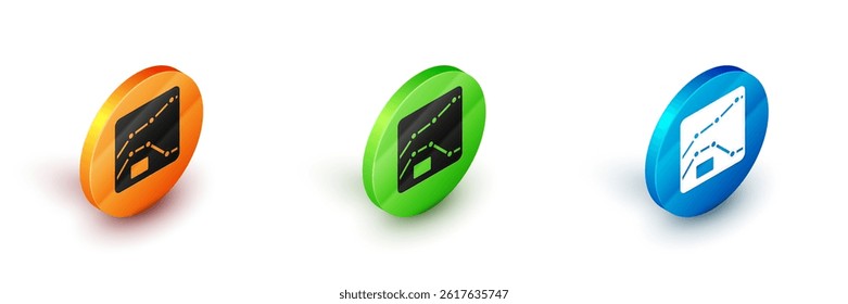 Isometric Graph, schedule, chart, diagram, infographic, pie graph icon isolated on white background. Circle button. Vector