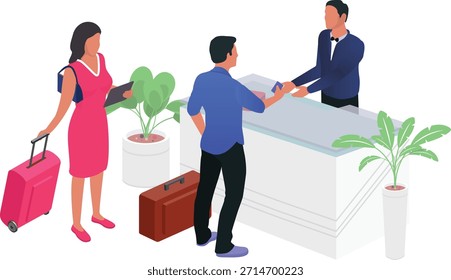 An isometric graphic depicting a couple checking at a hotel front desk, with the man interacting with the receptionist, and the woman standing with luggage.