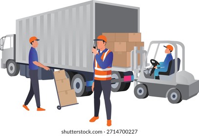 Eine isometrische Grafik, die einen Ladedockbereich darstellt, in dem drei Arbeiter Fracht bewegen: eine mit einem Handwagen, eine mit einem Gabelstapler und eine mit einer Sicherheitsweste mit einem Zwei-Wege-Funkgerät.