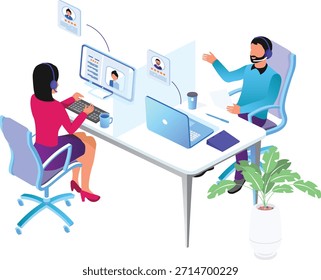 Un gráfico isométrico que representa a dos agentes de Servicio al cliente con auriculares en un mostrador compartido, con computadoras, una computadora portátil e íconos flotantes del perfil del Cliente visibles, lo que sugiere una Asistencia de llamada activa.