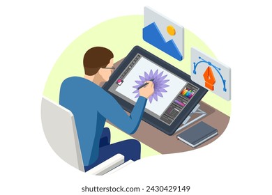 Isometric Graphic design studio. Artist drawing something on graphic tablet at the office