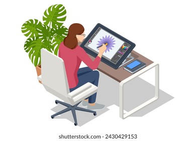 Isometric Graphic design studio. Artist drawing something on graphic tablet at the office