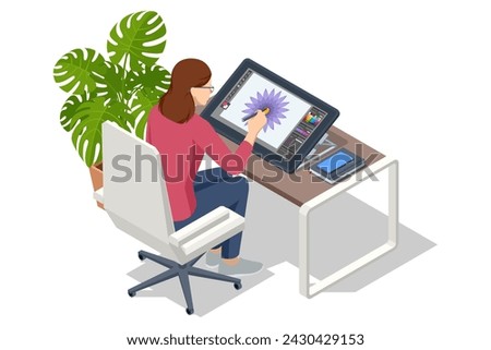 Isometric Graphic design studio. Artist drawing something on graphic tablet at the office