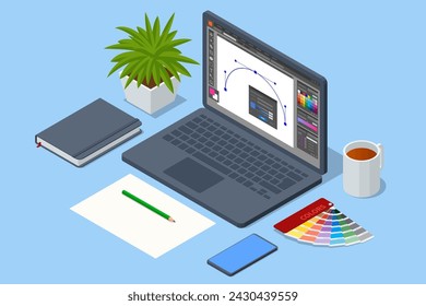 Isometric Graphic design studio. Graphic designer at work. Graphic designer drawing.