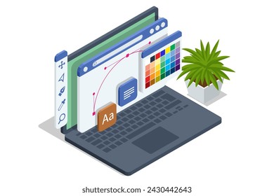 Isometric Graphic design studio. Graphic designer at work. Graphic designer drawing. Web banners, internet marketing, printed material, presentation templates