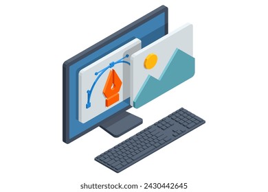 Estudio de diseño gráfico isométrico. Diseñador gráfico en el trabajo. Dibujo de diseñador gráfico. Banners web, marketing por Internet, material impreso, plantillas de presentación