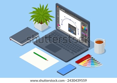 Isometric Graphic design studio. Graphic designer at work. Graphic designer drawing.
