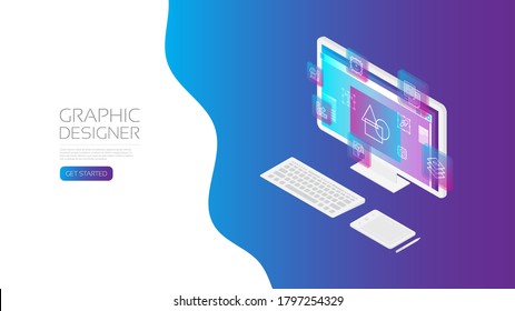 Isometric graphic designer with tool icon