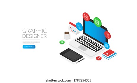 Isometric graphic designer with tool icon