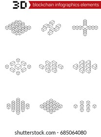Isometric graphic elements for blockchain  technology. Icons from rectangles and squares for IT infographics, computing technologies concept. Modern thin line icons. Linear style illustrations
