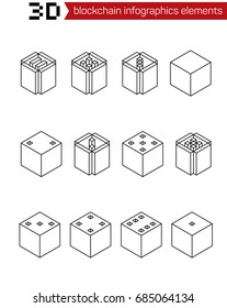 Isometric graphic elements for blockchain  technology. Icons from rectangles and squares for IT infographics, computing technologies concept. Modern thin line icons. Linear style illustrations