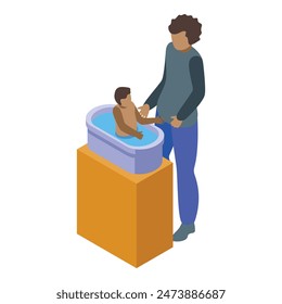 Isometric graphic of a mother tenderly bathing her infant in a baby tub