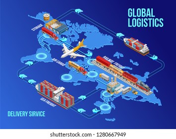 Isometric graphic structure of modern global logistics and delivery service depicted over world map