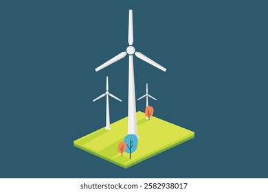 Isometric graphic of a wind farm with trees. Ideal for presentations, infographics, and eco-friendly designs.