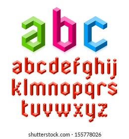 Isometric Graphics 3d Font. Three-dimensional Pixel Cube Alphabet Vector Illustration.