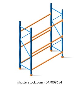 Isometric graphics of empty warehouse shelves.