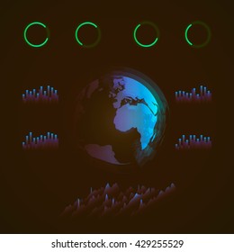 Isometric graphs and charts collection . Colorful statistic , information graphs set constituents of infographic. Vector infographic . Abstract futuristic glowing earth globe .HUD style . Data science