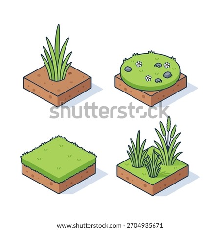 Isometric grass tiles and soil patches vector for mining map builder.