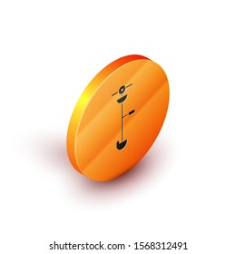 Isometric Grass and weed electric string trimmer icon isolated on white background. Grass clipper, lawn mower isolated on white background. Orange circle button. Vector Illustration