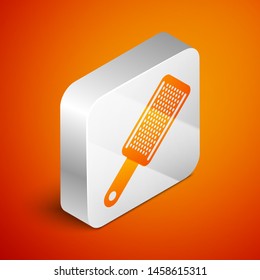 Isometric Grater icon isolated on orange background. Kitchen symbol. Cooking utensil. Cutlery sign. Silver square button. Vector Illustration