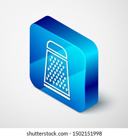 Isometric Grater icon isolated on white background. Kitchen symbol. Cooking utensil. Cutlery sign. Blue square button. Vector Illustration