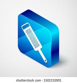 Isometric Grater icon isolated on white background. Kitchen symbol. Cooking utensil. Cutlery sign. Blue square button. Vector Illustration